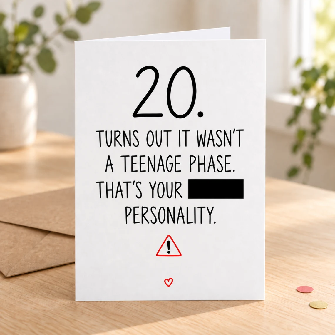 Lifestyle mock-up of a standing 20th birthday card on a wooden table, with a kraft envelope and red/gold confetti. The teenage-phase joke has one word covered by a black bar, above a red warning triangle.