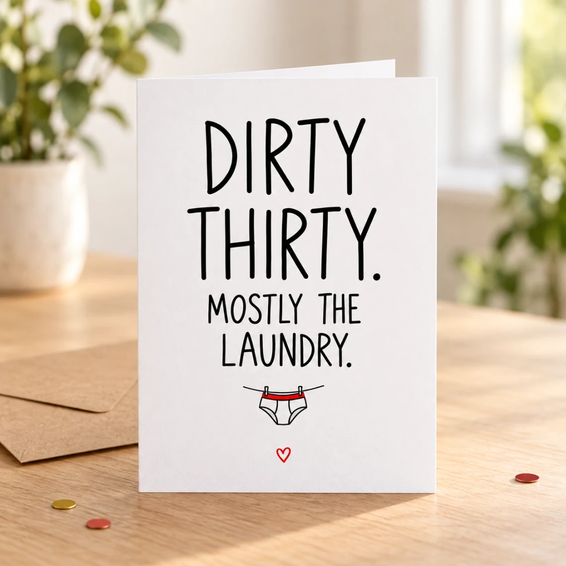 Lifestyle mock-up of a standing card reading “DIRTY THIRTY. MOSTLY THE LAUNDRY.” with underpants on a washing line. On a wooden table beside a kraft envelope and red/gold confetti.