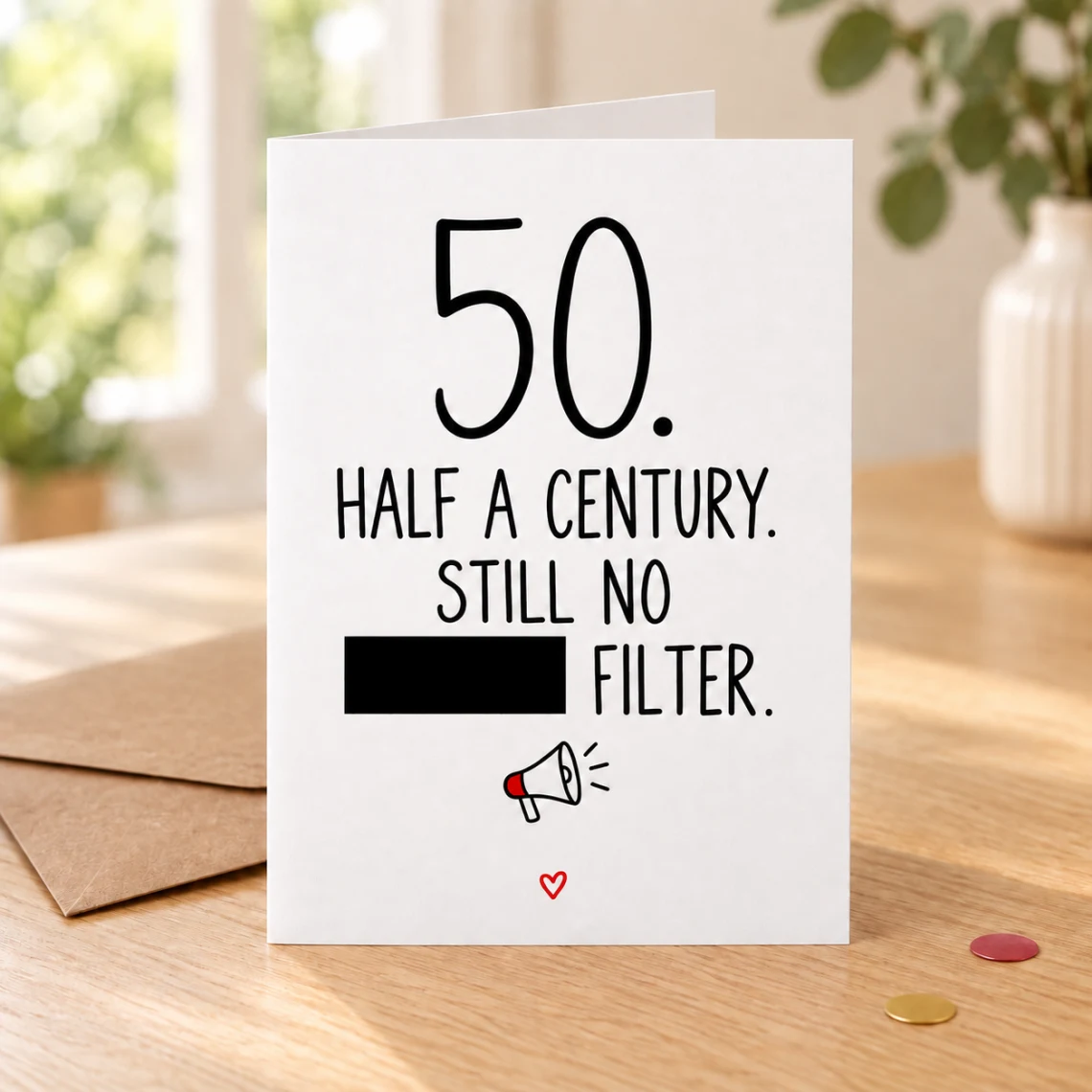 Lifestyle mock-up of a standing 50th birthday card with a half-century and no-filter joke, one word covered by a black bar, and a megaphone doodle. On a wooden table beside a kraft envelope and red/gold confetti.