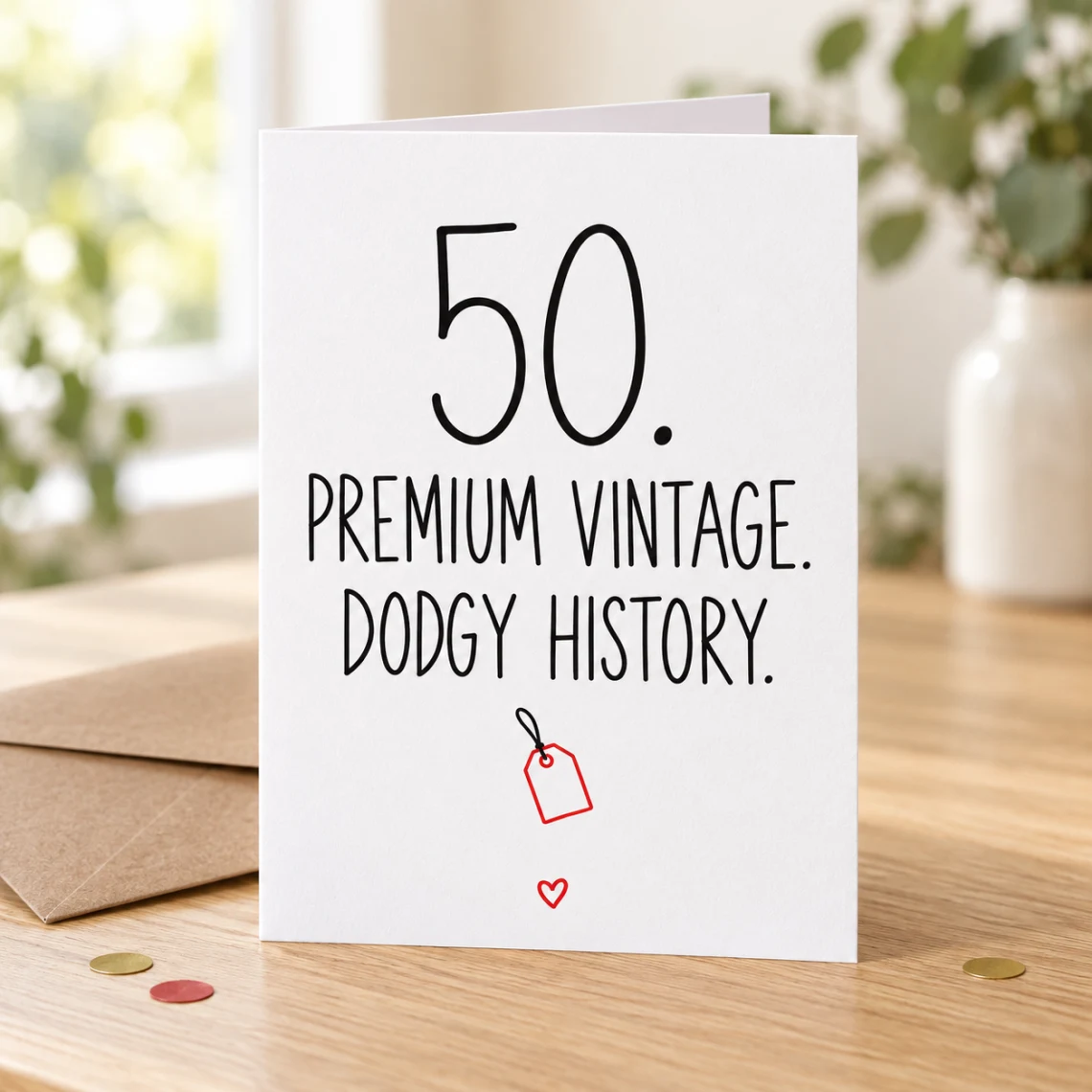 Lifestyle mock-up of a standing card reading “50. PREMIUM VINTAGE. DODGY HISTORY.” with a small red auction tag. On a wooden table beside a kraft envelope and red/gold confetti.