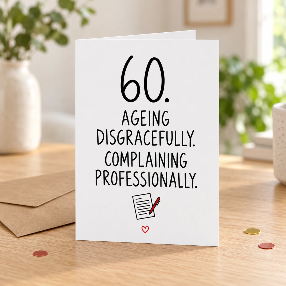 Lifestyle mock-up of a standing card reading “60. AGEING DISGRACEFULLY. COMPLAINING PROFESSIONALLY.” with a complaint-form doodle. On a wooden table beside a kraft envelope and red/gold confetti.