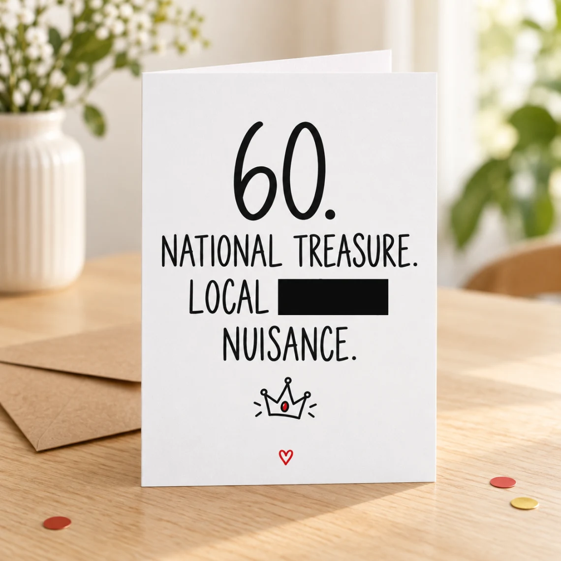Lifestyle mock-up of a standing 60th birthday card with a national-treasure joke and crown doodle. One word is covered by a black bar. On a wooden table beside a kraft envelope and red/gold confetti.