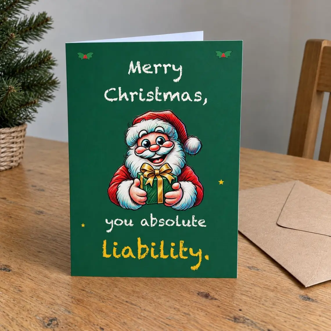 Green Christmas card with Santa holding a wrapped present, reading: Merry Christmas, you absolute liability.