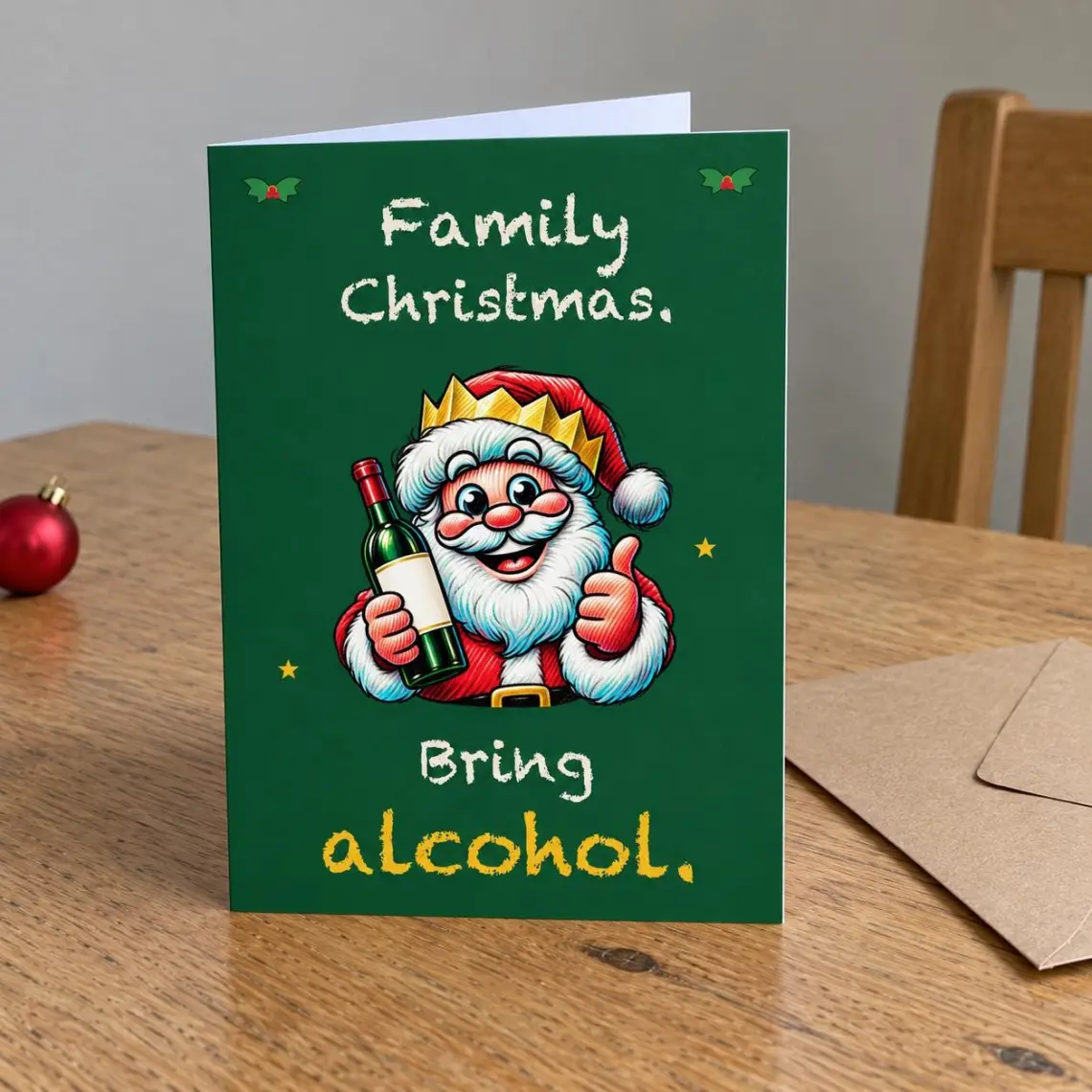 Dark green Christmas card with a thumbs-up Santa in a paper crown holding a bottle of wine, reading: Family Christmas. Bring alcohol.