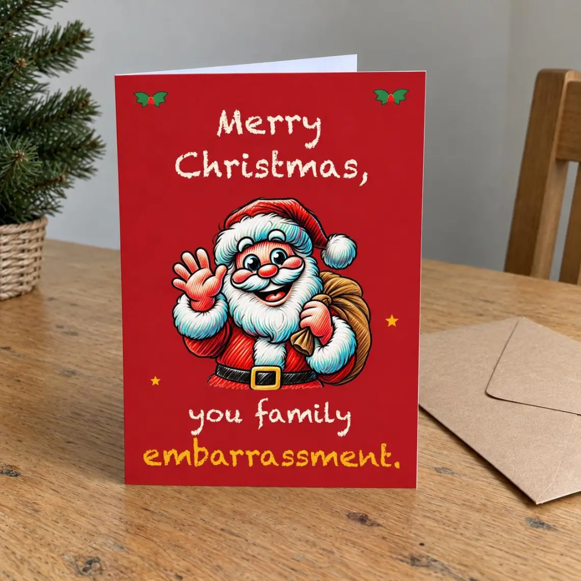 Red Christmas card with a waving Santa carrying his sack, reading: Merry Christmas, you family embarrassment.