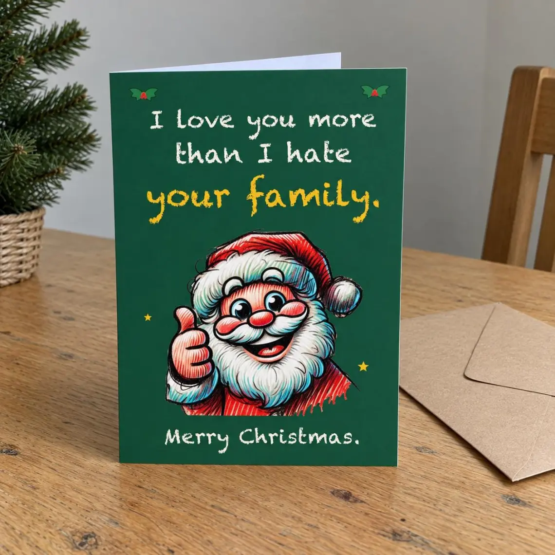 Dark green Christmas card with a thumbs-up Santa, reading: I love you more than I hate your family. Merry Christmas.