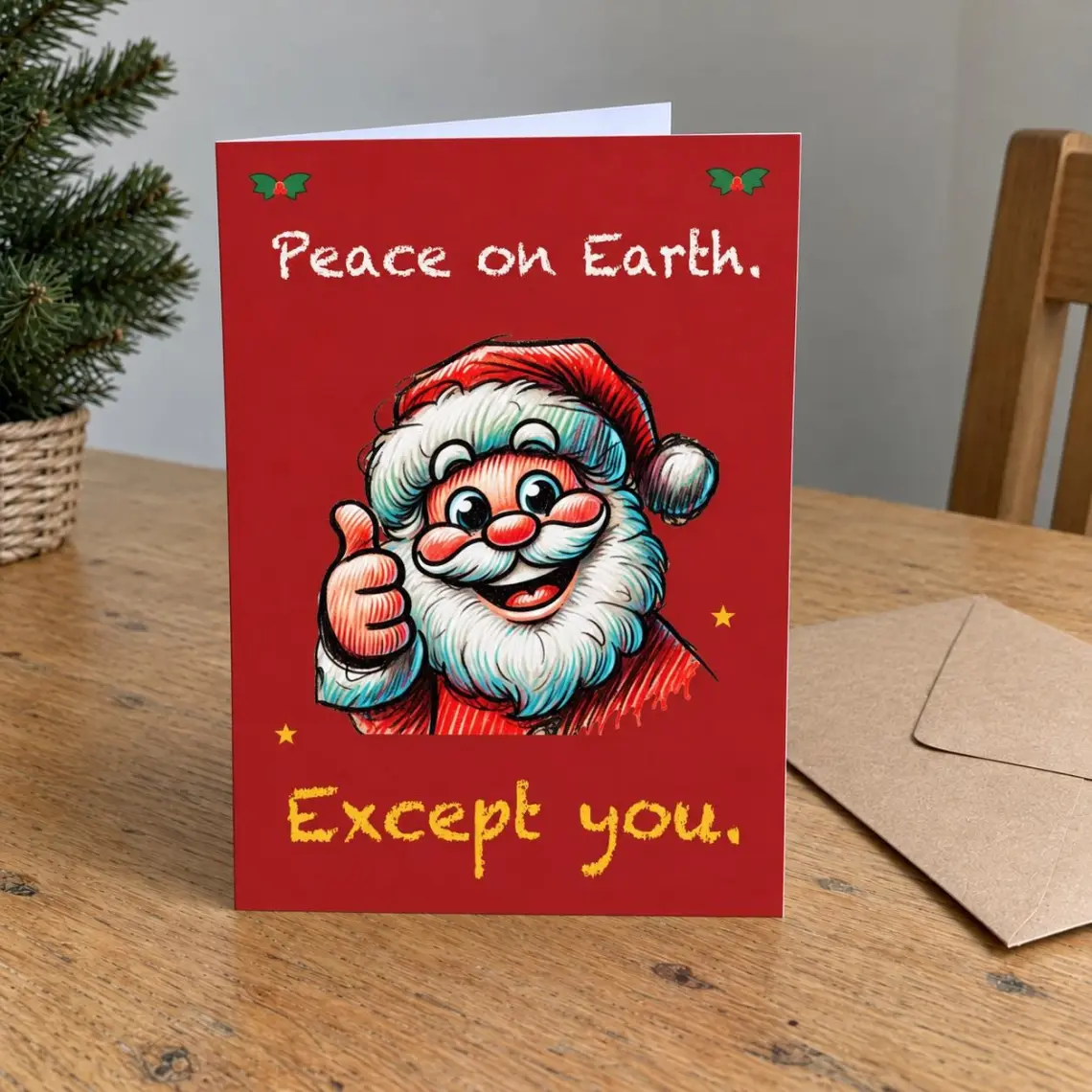 Red Christmas card with a thumbs-up Santa, reading: Peace on Earth. Except you.