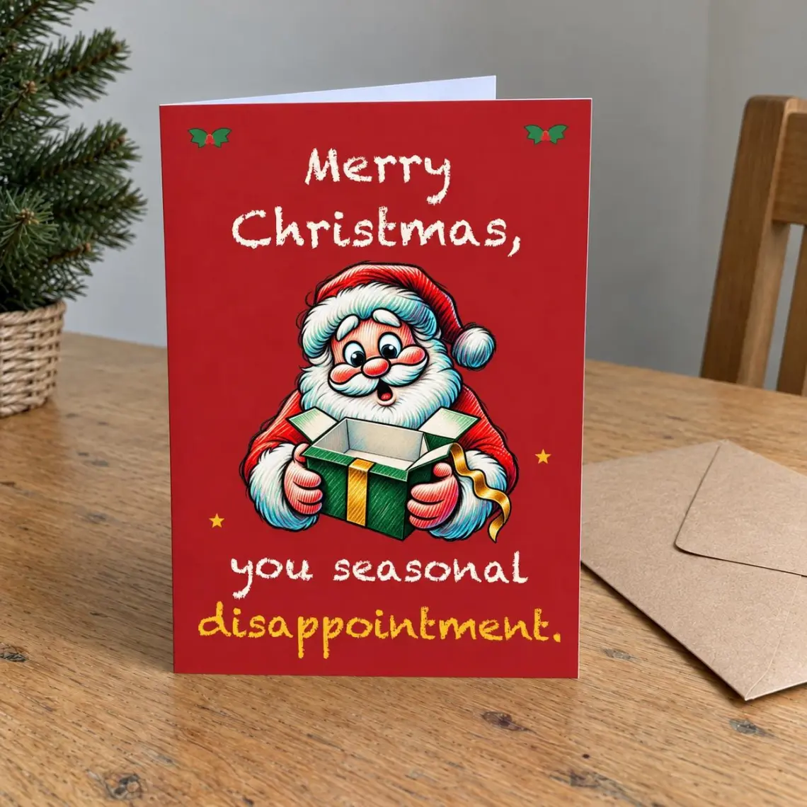 Red Christmas card with Santa staring into an empty gift box, reading: Merry Christmas, you seasonal disappointment.