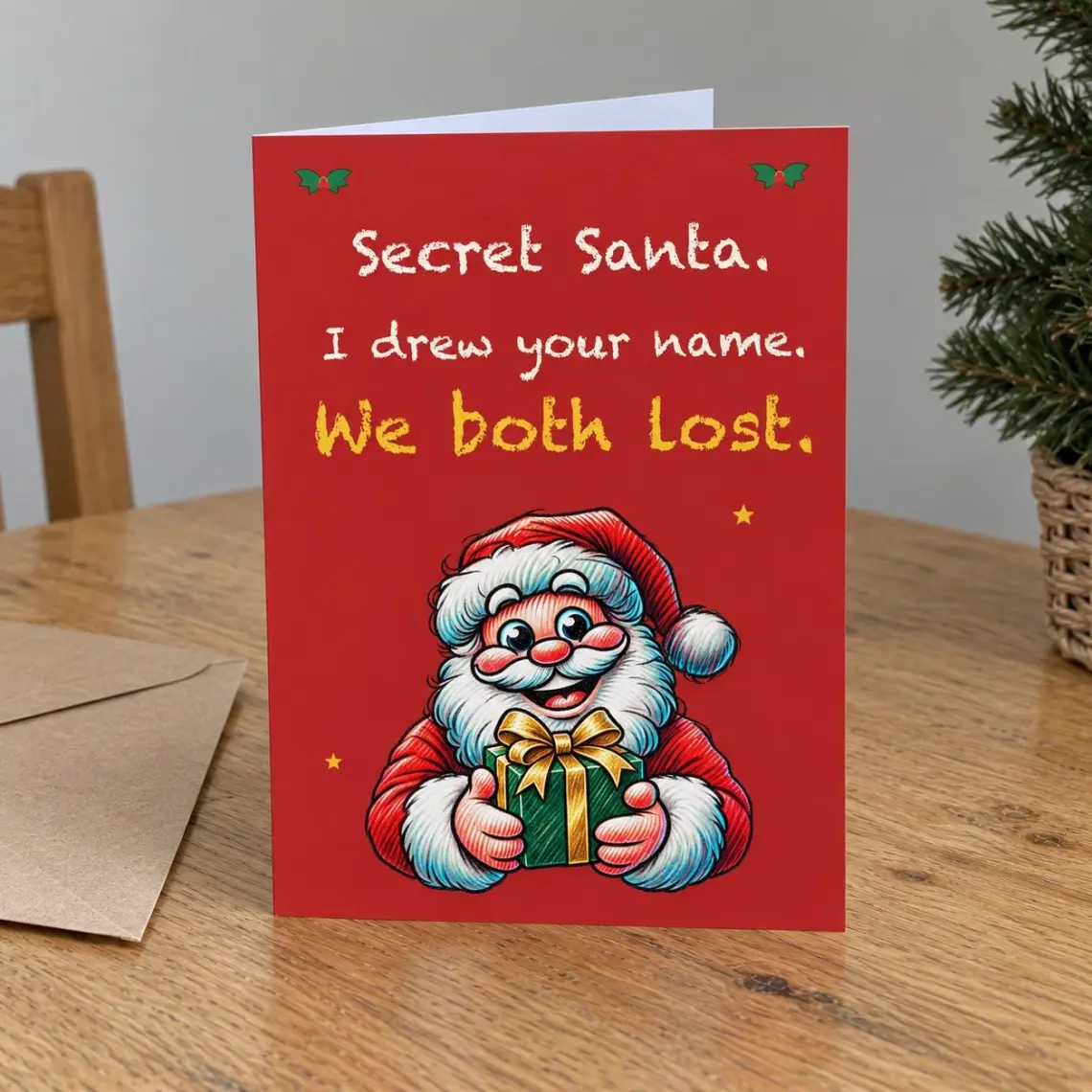 Red Christmas card with Santa holding a wrapped present, reading: Secret Santa. I drew your name. We both lost.