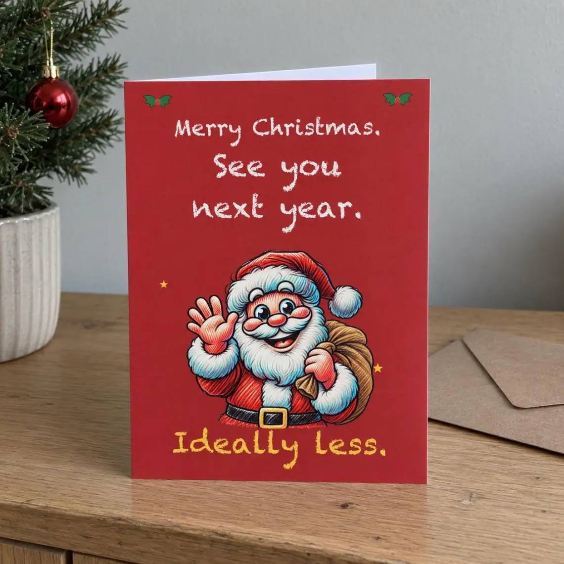 Red Christmas card with a waving Santa carrying his sack, reading: Merry Christmas. See you next year. Ideally less.