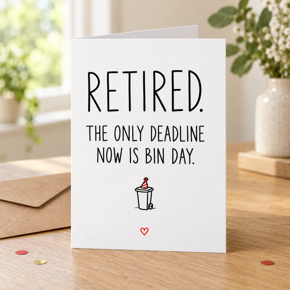 Lifestyle mock-up of a standing card reading “RETIRED. THE ONLY DEADLINE NOW IS BIN DAY.” with a wheelie bin in a party hat. On a wooden table beside a kraft envelope and red/gold confetti.