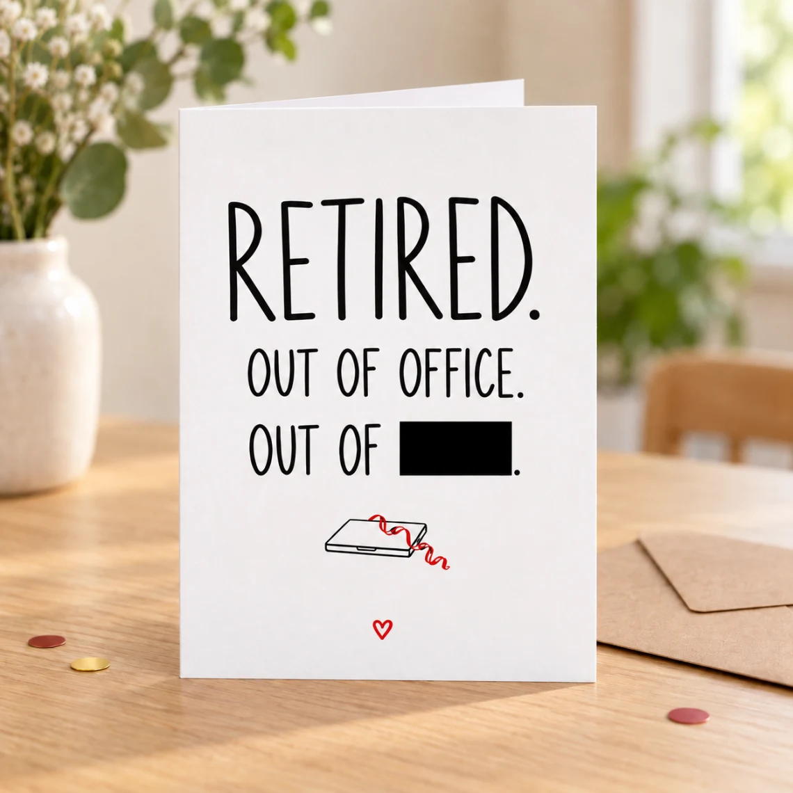 Lifestyle mock-up of a standing retirement card with an out-of-office joke, one word covered by a black bar, and a laptop doodle. On a wooden table with a kraft envelope to the right and red/gold confetti.